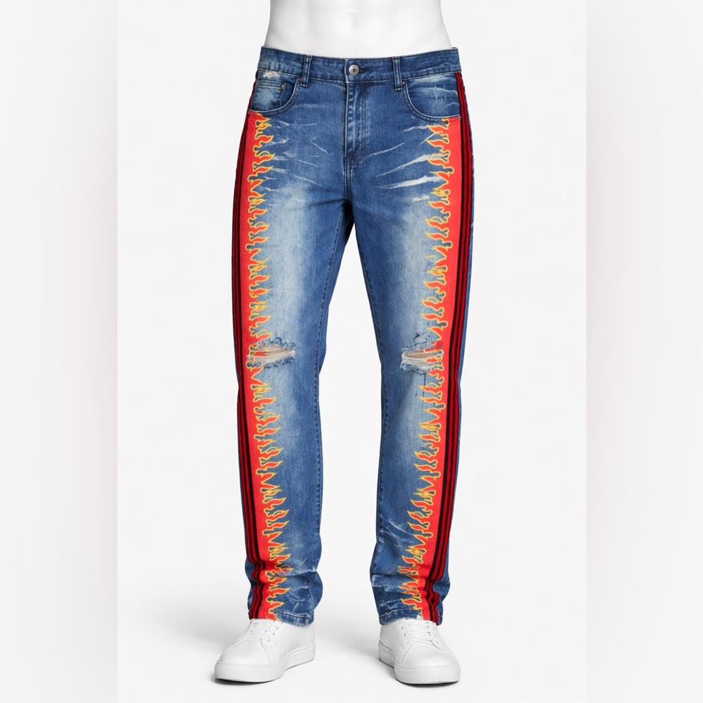 RARE Men’s BIEPA Jeans Size 38 Flames Side Striped Distressed Japanese Punk Wear